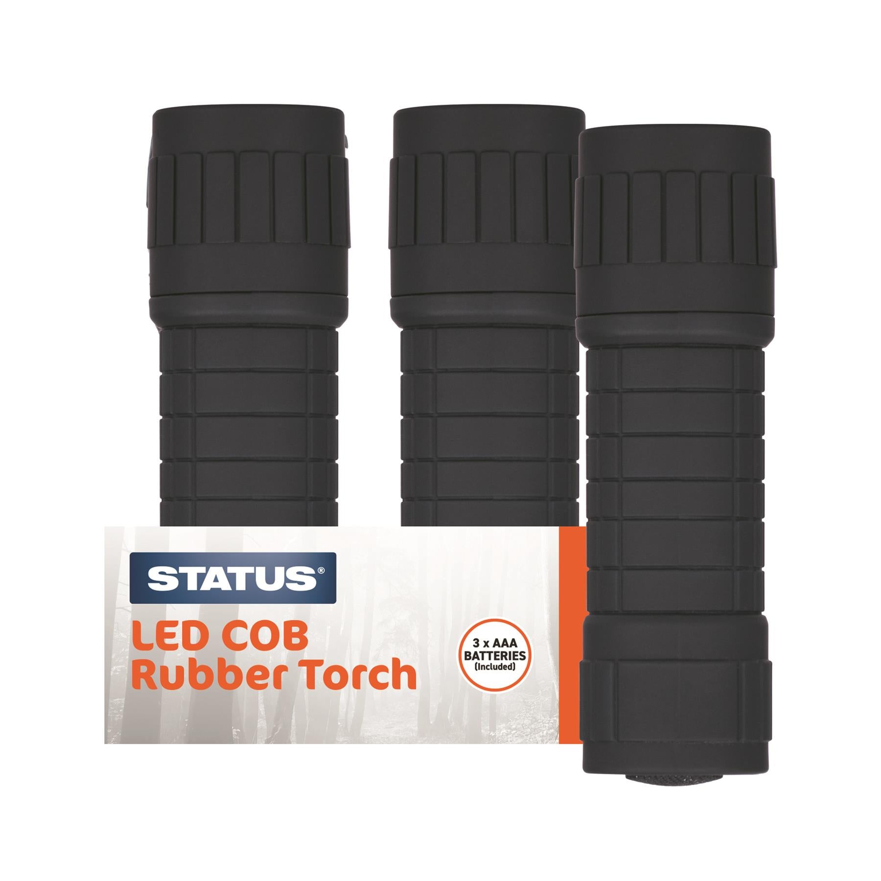 Status COB LED 3 x AAA batteries ( included) - Black - Rubber Torch (Only One will be Supplied) Status COB LED 3 x AAA batteries ( included) - Black - Rubber Torch (Only One will be Supplied)
